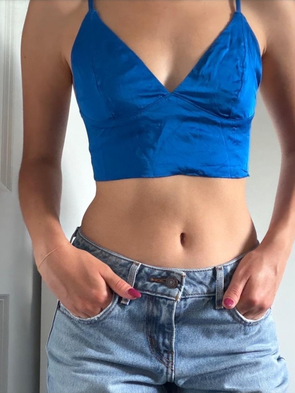 Blue V-Neck Satin Crop Top - Women